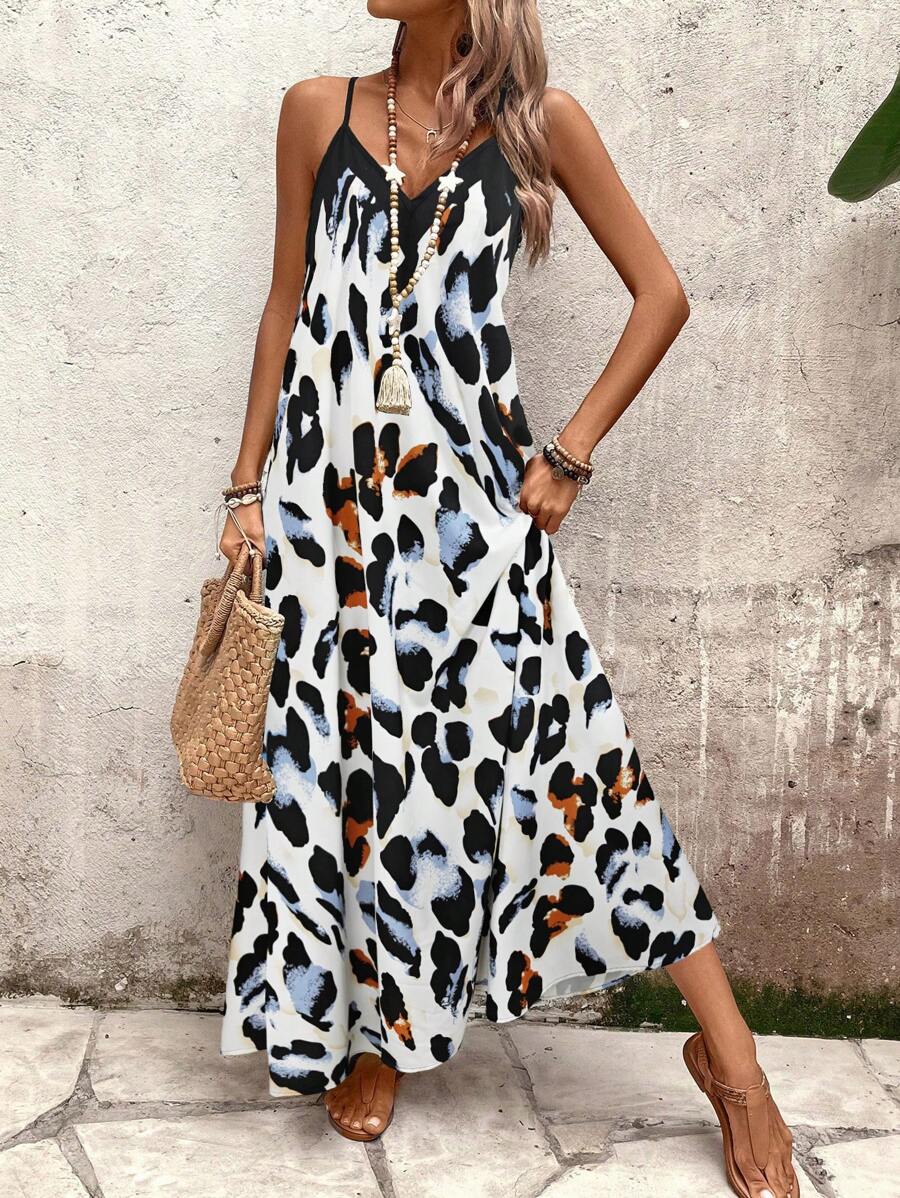 Elena | Robe d'Été à Bretelles Fines, Dos Nu et Imprimé Graphique