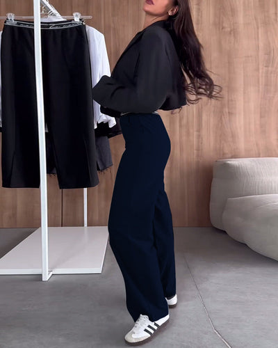 Pantalon droit décontracté de couleur unie avec poche zippée