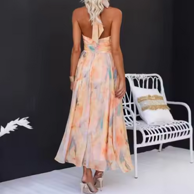 Élise | Robe longue dos nu à imprimé aquarelle