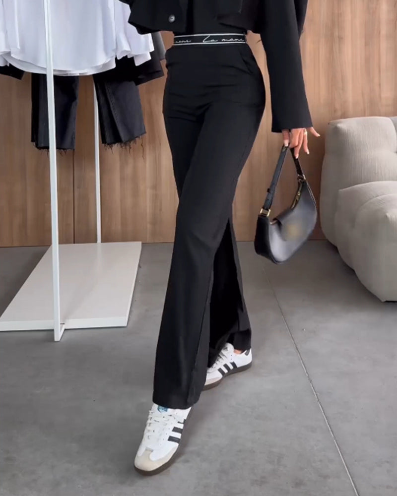 Pantalon droit décontracté de couleur unie avec poche zippée