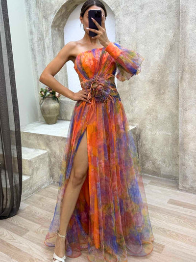 Kayla - Robe longue à fleurs asymétrique