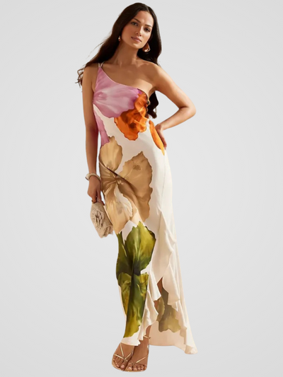 ROBE MAXI ASYMÉTRIQUE EN SATIN FLORÉLIA
