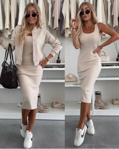 Karin™ | Robe midi en maille côtelée & ensemble bomber