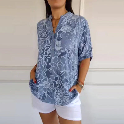 Blouse Col V Boutonnée Imprimée