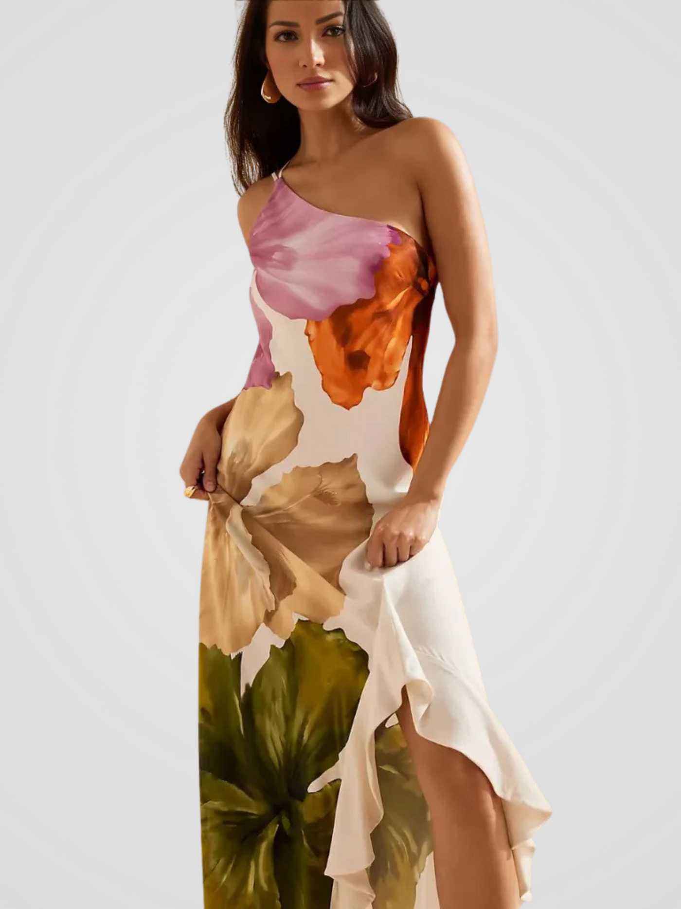 ROBE MAXI ASYMÉTRIQUE EN SATIN FLORÉLIA