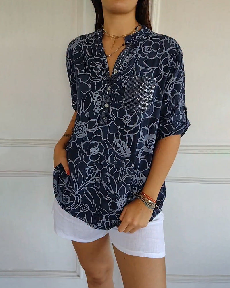 Blouse Col V Boutonnée Imprimée