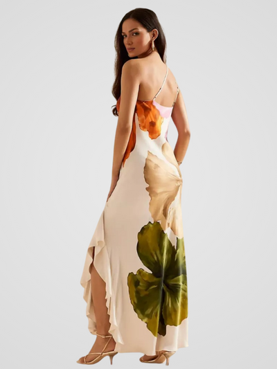 ROBE MAXI ASYMÉTRIQUE EN SATIN FLORÉLIA