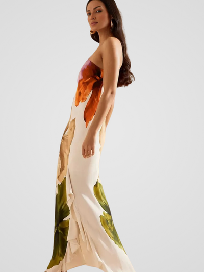 ROBE MAXI ASYMÉTRIQUE EN SATIN FLORÉLIA