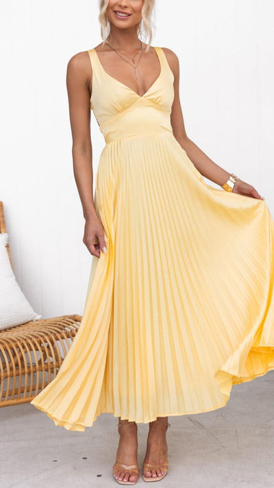 Aby | Robe Maxi Plissée Jaune à Décolleté en V