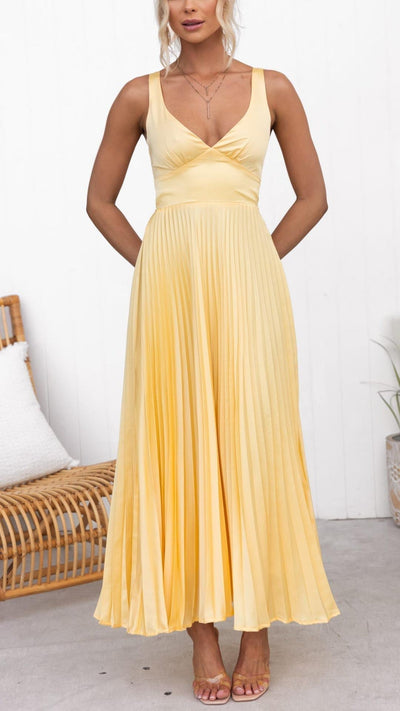 Aby | Robe Maxi Plissée Jaune à Décolleté en V