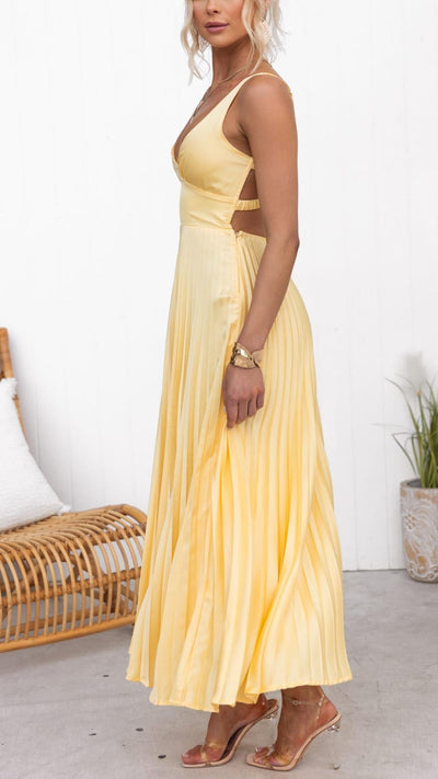 Aby | Robe Maxi Plissée Jaune à Décolleté en V