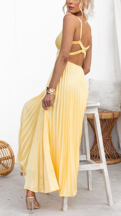 Aby | Robe Maxi Plissée Jaune à Décolleté en V