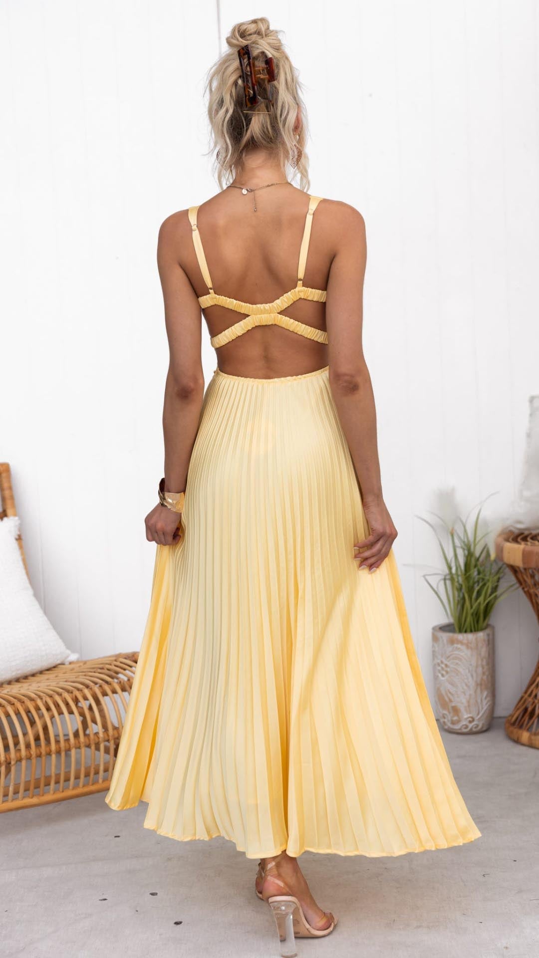 Aby | Robe Maxi Plissée Jaune à Décolleté en V
