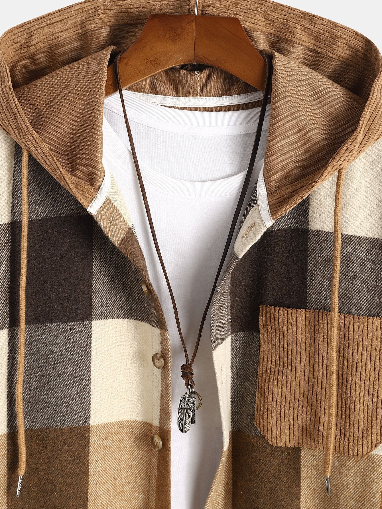 Chemise à capuche en flanelle à carreaux et en velours côtelé à coupe décontractée